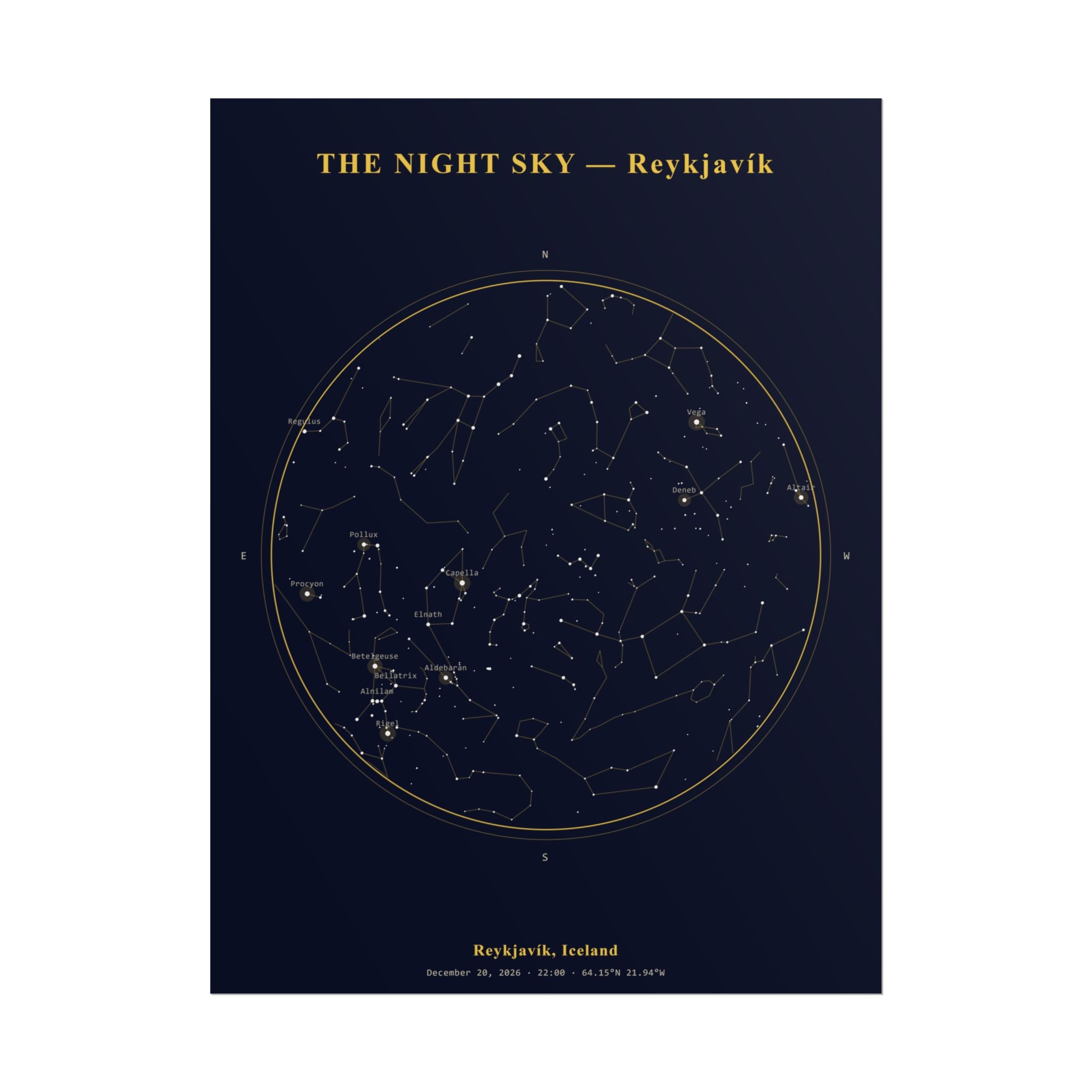 Reykjavík Iceland Star Map Print — The Winter Solstice Sky, December 2026