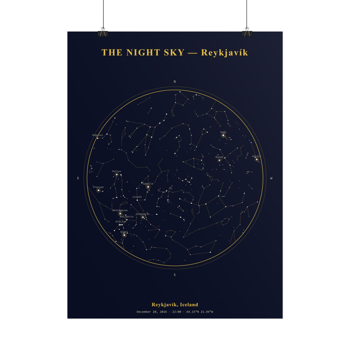 Reykjavík Iceland Star Map Print — The Winter Solstice Sky, December 2026