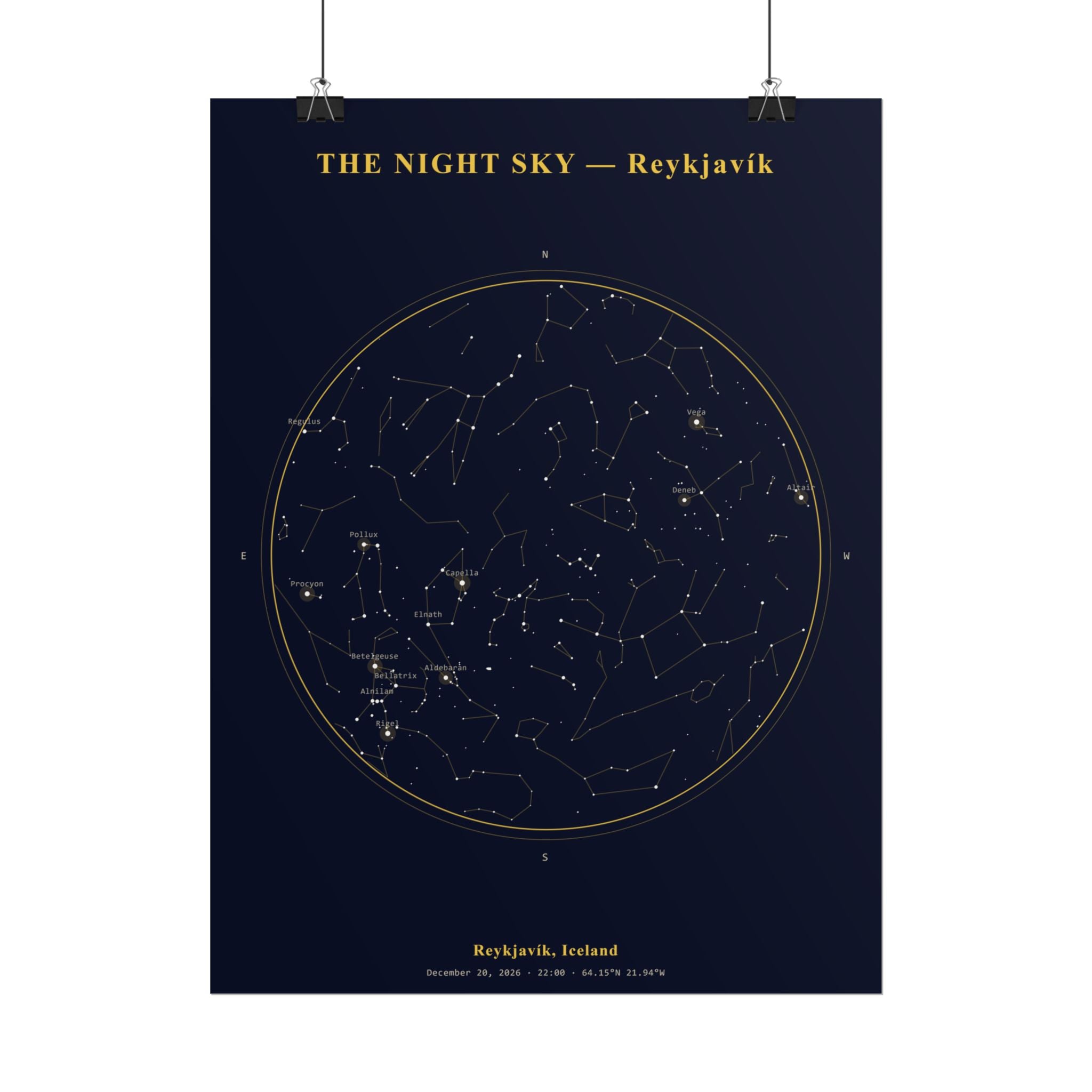 Reykjavík Iceland Star Map Print — The Winter Solstice Sky, December 2026