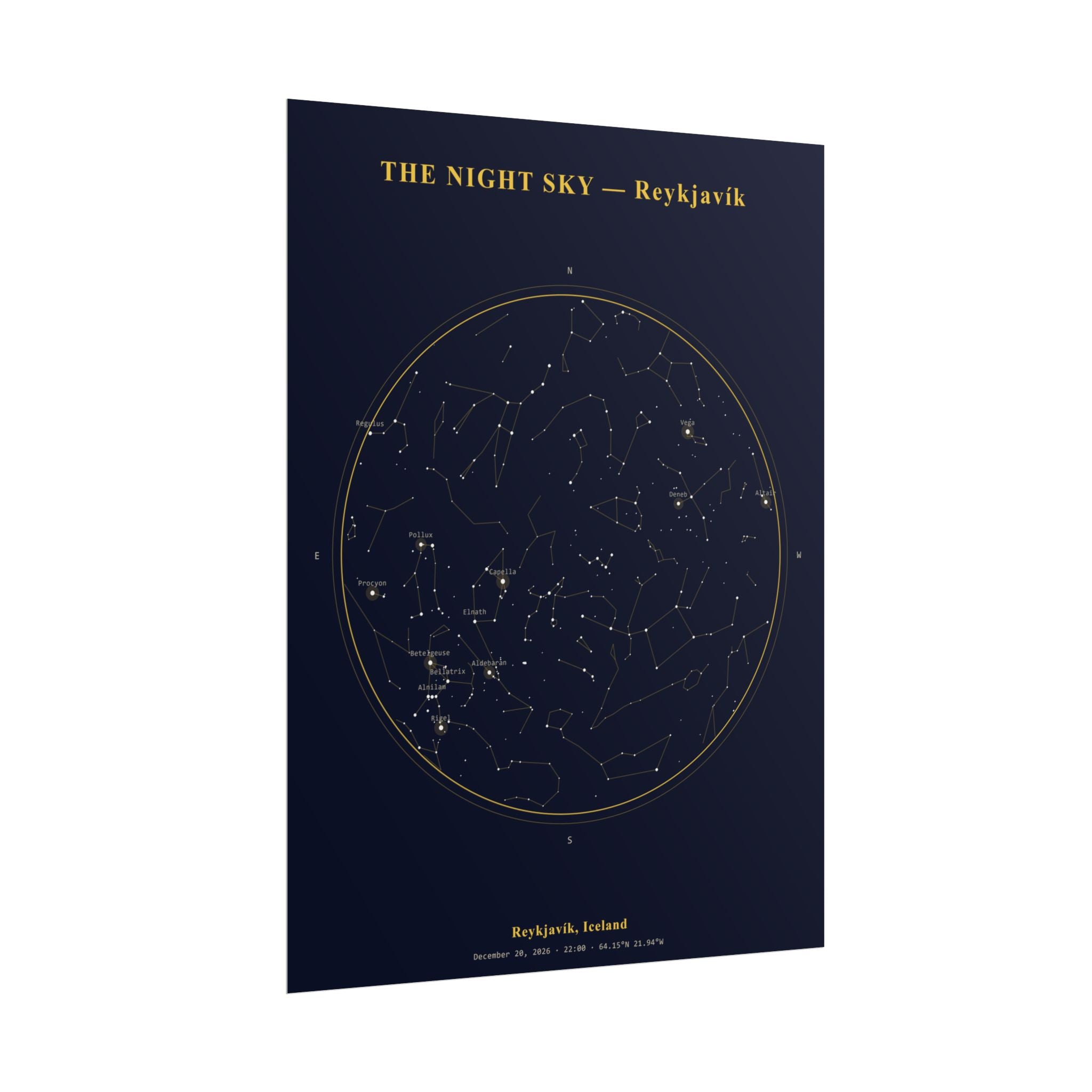 Reykjavík Iceland Star Map Print — The Winter Solstice Sky, December 2026