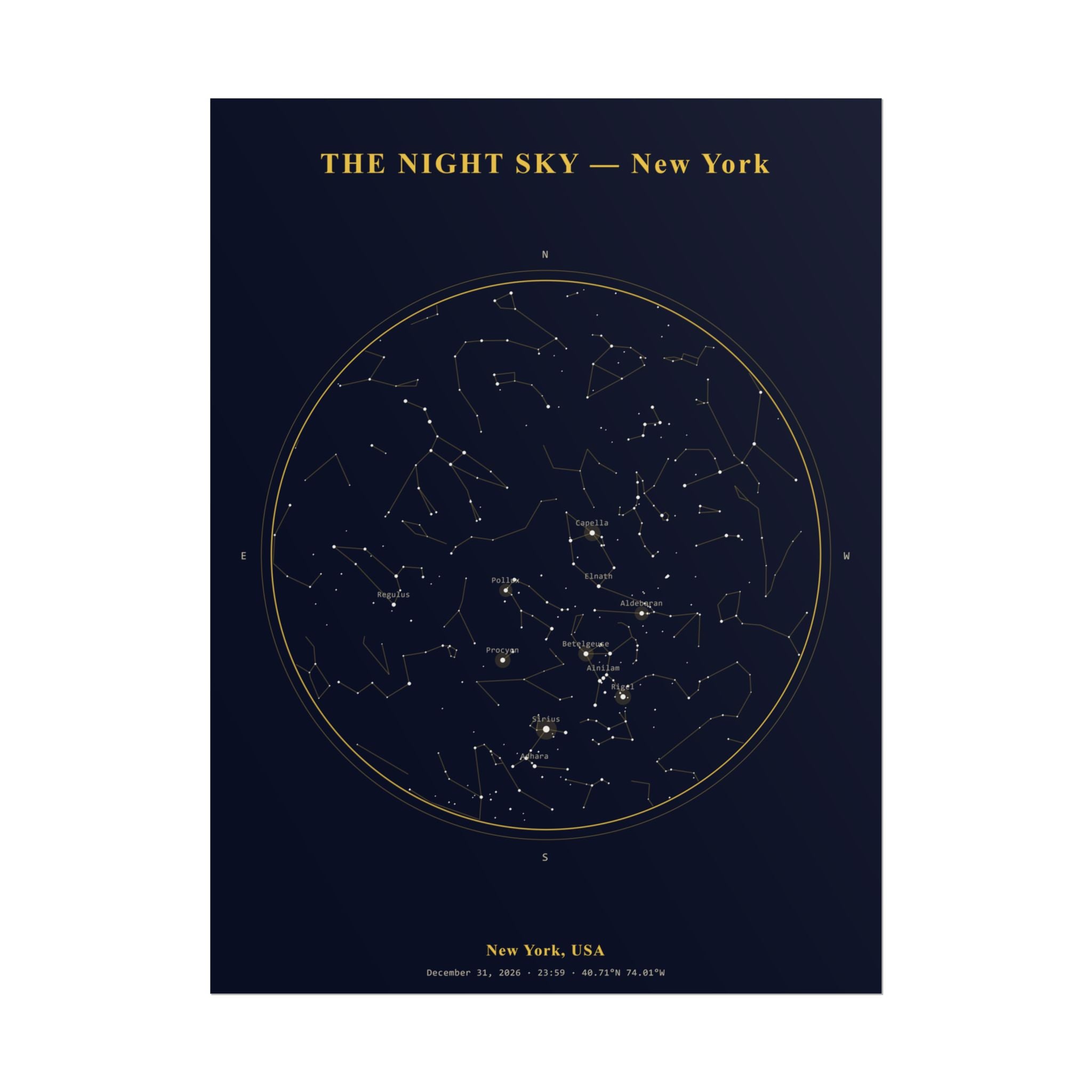 New York Star Map Print — Midnight, New Year's Eve 2026
